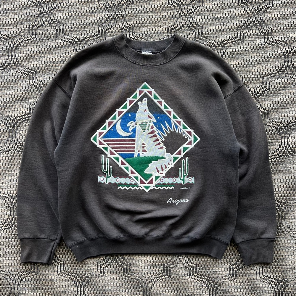 Vintage Coyote Sweatshirt Mens Large Black Arizona Southwest Aztec Desert